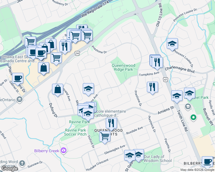 map of restaurants, bars, coffee shops, grocery stores, and more near 301 Tompkins Avenue in Ottawa