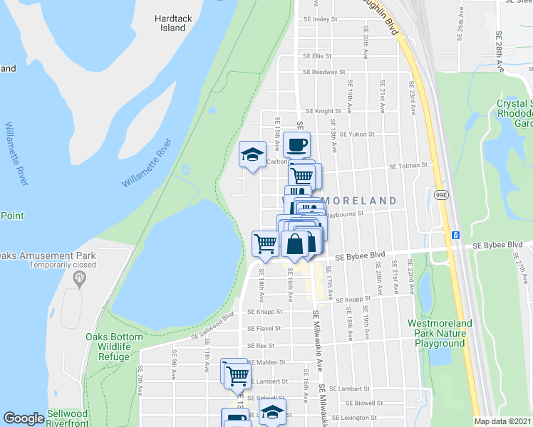 map of restaurants, bars, coffee shops, grocery stores, and more near 6501 Southeast 14th Avenue in Portland