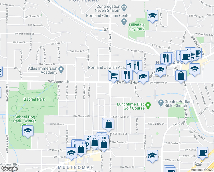 map of restaurants, bars, coffee shops, grocery stores, and more near 6740 Southwest Capitol Highway in Portland