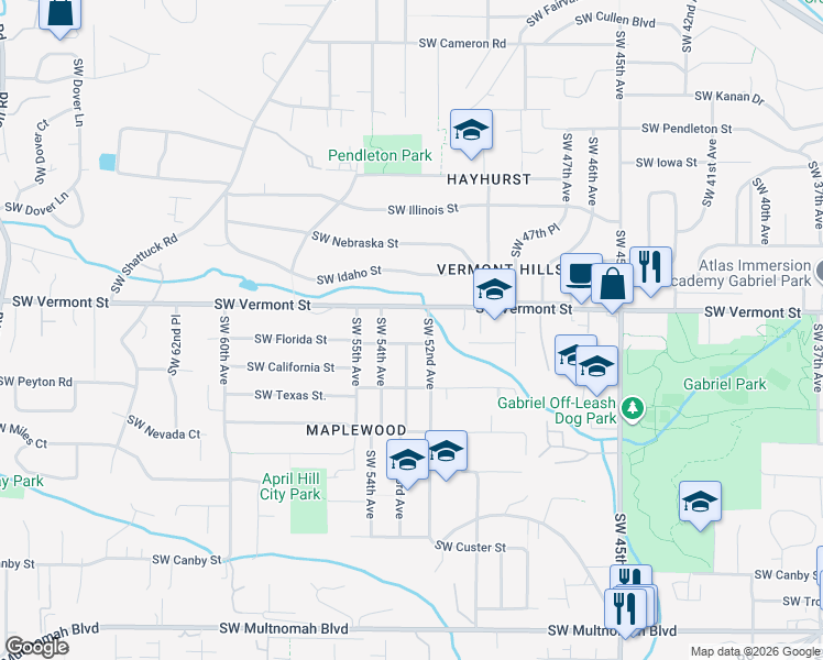 map of restaurants, bars, coffee shops, grocery stores, and more near 5303 Southwest Florida Street in Portland