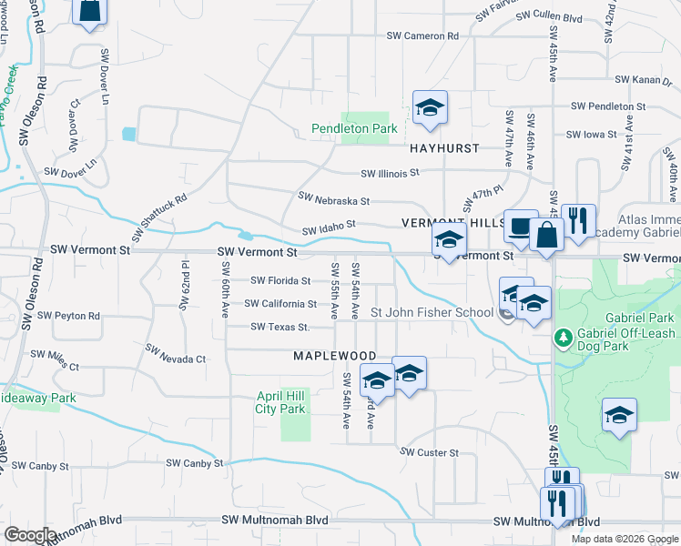 map of restaurants, bars, coffee shops, grocery stores, and more near 5429 Southwest Florida Street in Portland