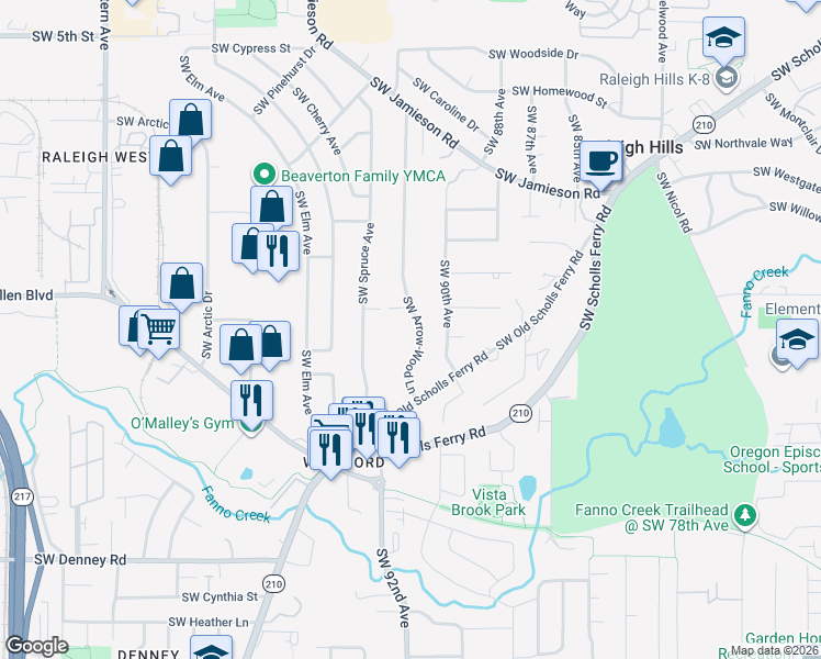 map of restaurants, bars, coffee shops, grocery stores, and more near 6135 Southwest Arrow-Wood Lane in Portland