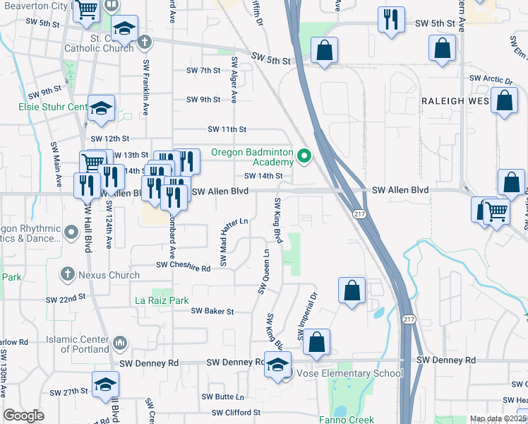 map of restaurants, bars, coffee shops, grocery stores, and more near 6150 Southwest Alice Lane in Beaverton