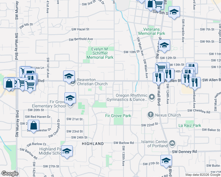 map of restaurants, bars, coffee shops, grocery stores, and more near 6125 Southwest Erickson Avenue in Beaverton