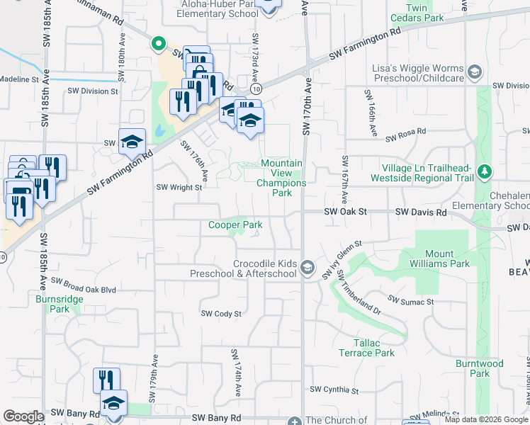 map of restaurants, bars, coffee shops, grocery stores, and more near 17270 Southwest Oak Street in Aloha