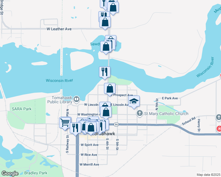 map of restaurants, bars, coffee shops, grocery stores, and more near 412 North 4th Street in Tomahawk