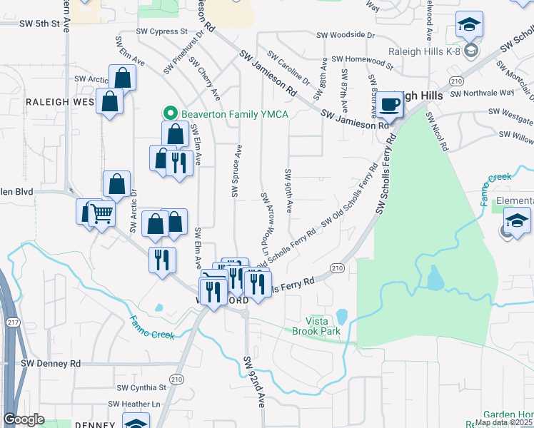 map of restaurants, bars, coffee shops, grocery stores, and more near 6135 Southwest Arrow-Wood Lane in Portland