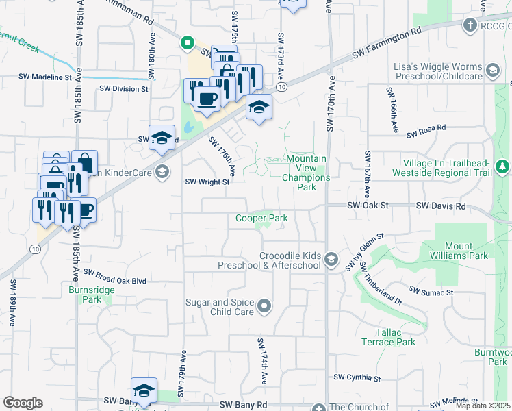 map of restaurants, bars, coffee shops, grocery stores, and more near 17465 Southwest Oak Street in Beaverton