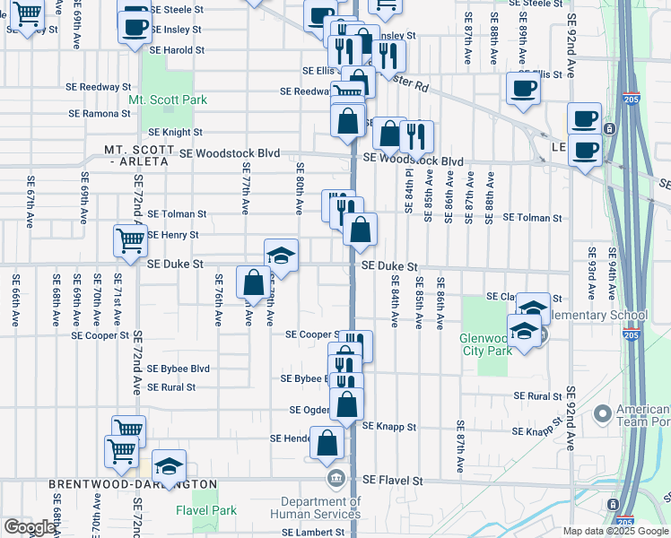 map of restaurants, bars, coffee shops, grocery stores, and more near 8140 Southeast Duke Street in Portland