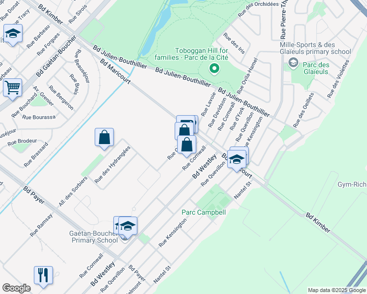 map of restaurants, bars, coffee shops, grocery stores, and more near 4075 Rue Ouellette in Longueuil