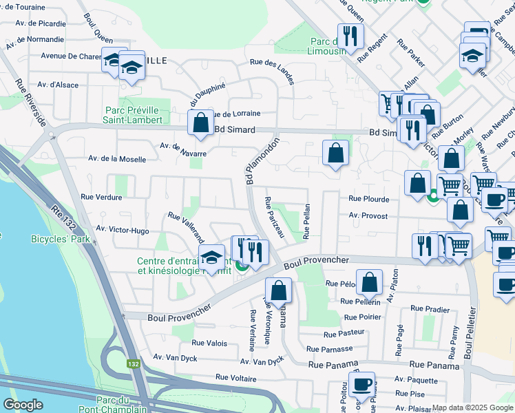 map of restaurants, bars, coffee shops, grocery stores, and more near 5675 Boulevard Plamondon in Brossard