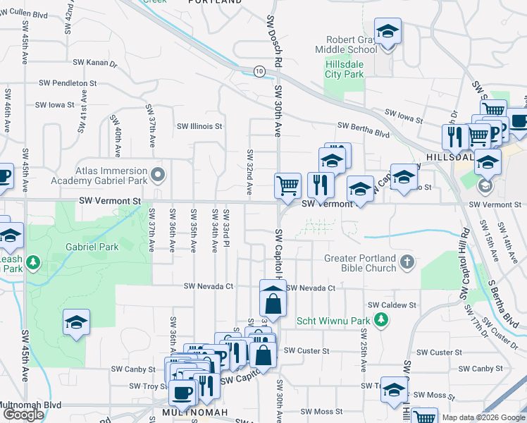 map of restaurants, bars, coffee shops, grocery stores, and more near 3032 Southwest Florida Court in Portland