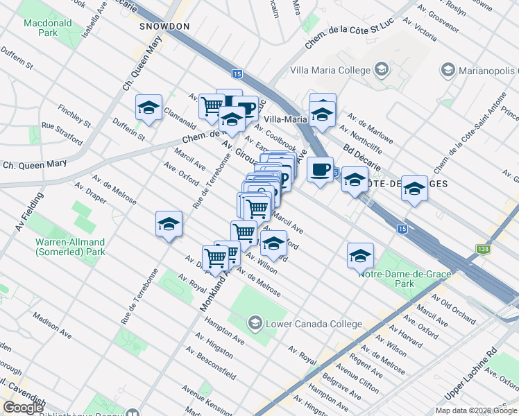map of restaurants, bars, coffee shops, grocery stores, and more near 4308 Marcil Avenue in Montrã©Al