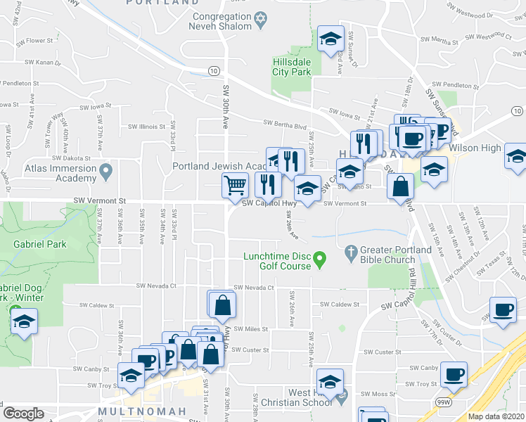 map of restaurants, bars, coffee shops, grocery stores, and more near 6680 Southwest Capitol Highway in Portland