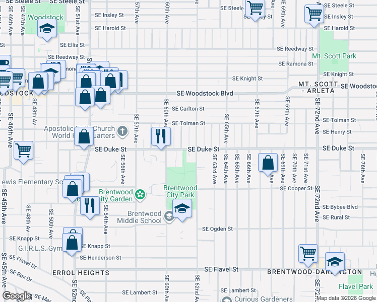 map of restaurants, bars, coffee shops, grocery stores, and more near 6148 Southeast Duke Street in Portland