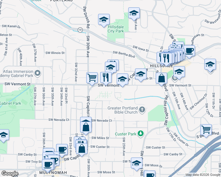 map of restaurants, bars, coffee shops, grocery stores, and more near 6654 Southwest Capitol Highway in Portland