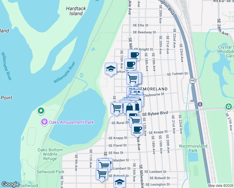 map of restaurants, bars, coffee shops, grocery stores, and more near 1416 Southeast Duke Street in Portland