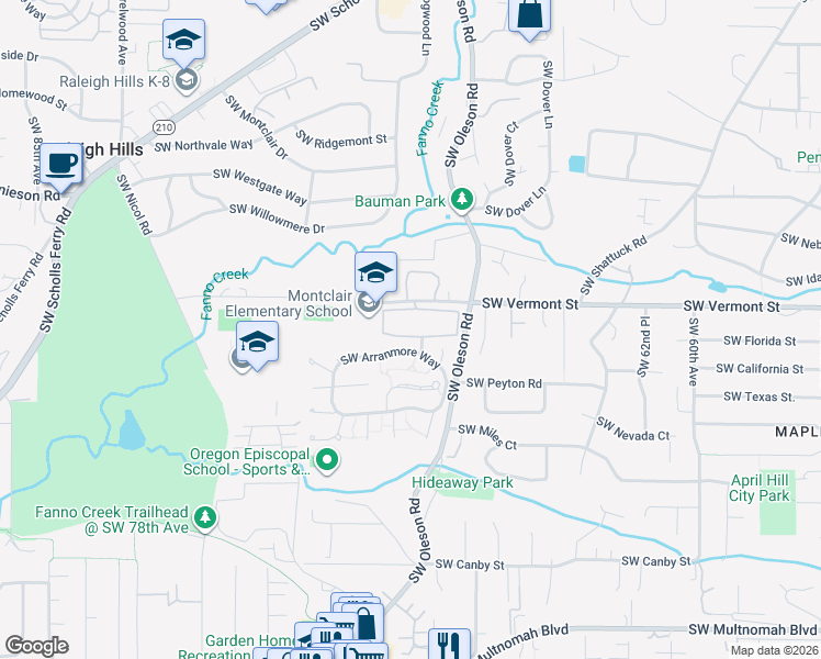 map of restaurants, bars, coffee shops, grocery stores, and more near 7000 Southwest Vermont Street in Portland