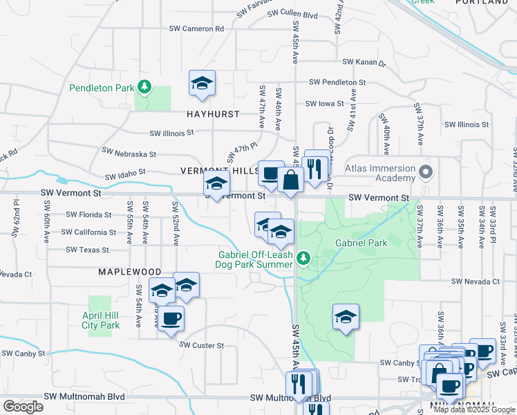 map of restaurants, bars, coffee shops, grocery stores, and more near 4738 Southwest Vermont Street in Portland