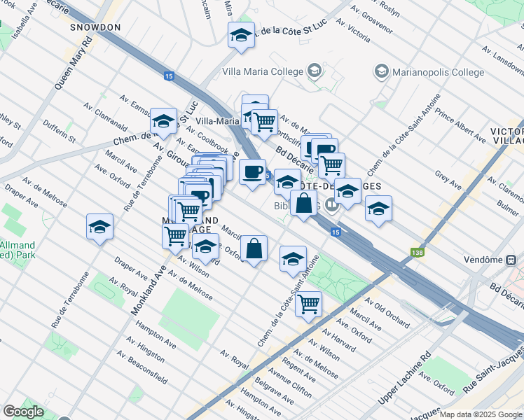 map of restaurants, bars, coffee shops, grocery stores, and more near 5458 Place Grovehill in Montréal
