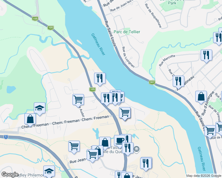 map of restaurants, bars, coffee shops, grocery stores, and more near 10 Rue du Rivage in Gatineau