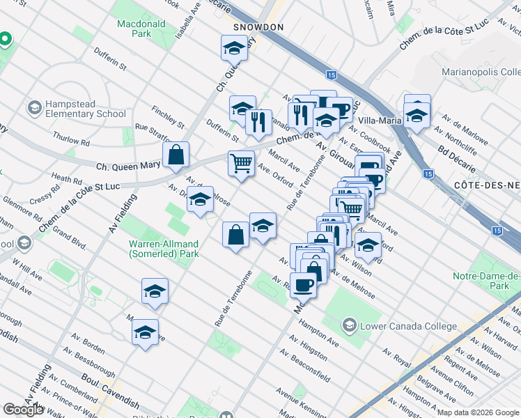 map of restaurants, bars, coffee shops, grocery stores, and more near 4556 Avenue Wilson in Montréal