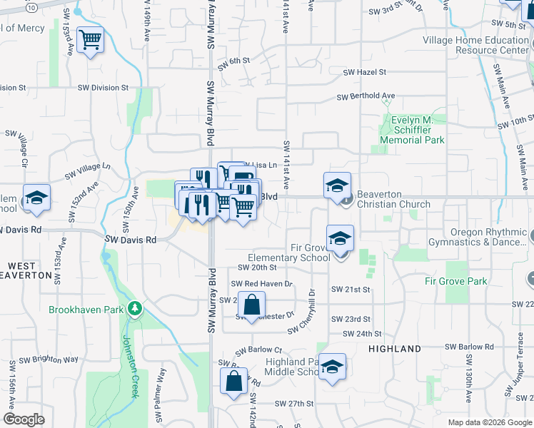 map of restaurants, bars, coffee shops, grocery stores, and more near 14186 Southwest Allen Boulevard in Beaverton