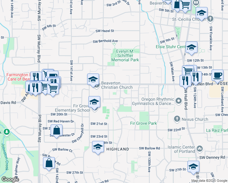 map of restaurants, bars, coffee shops, grocery stores, and more near 6133 Southwest Valley Avenue in Beaverton