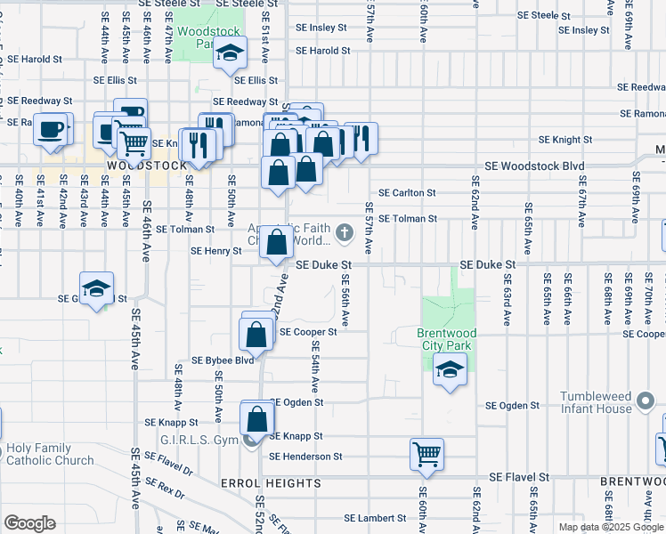map of restaurants, bars, coffee shops, grocery stores, and more near 5414 Southeast Duke Street in Portland