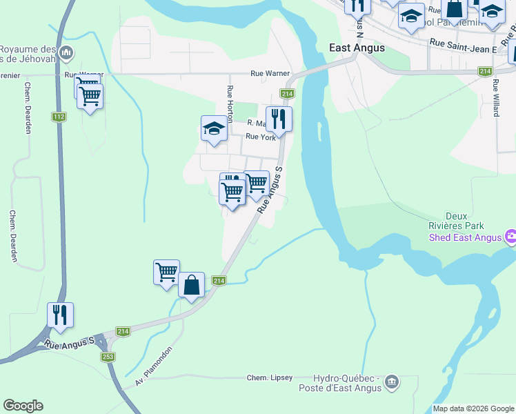 map of restaurants, bars, coffee shops, grocery stores, and more near 142 Rue Angus Sud in East Angus