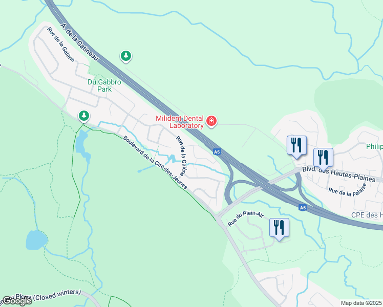 map of restaurants, bars, coffee shops, grocery stores, and more near 12 Rue du Gisement in Gatineau