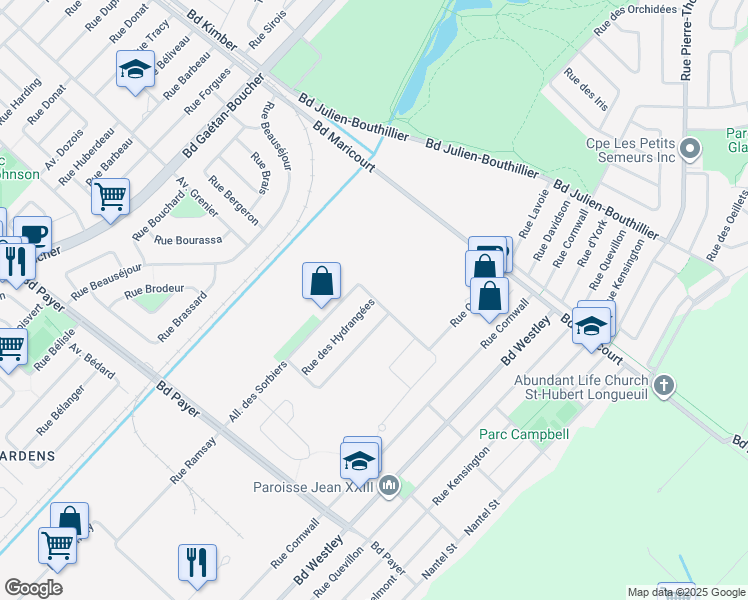 map of restaurants, bars, coffee shops, grocery stores, and more near 4937 Rue des Pommetiers in Champlain