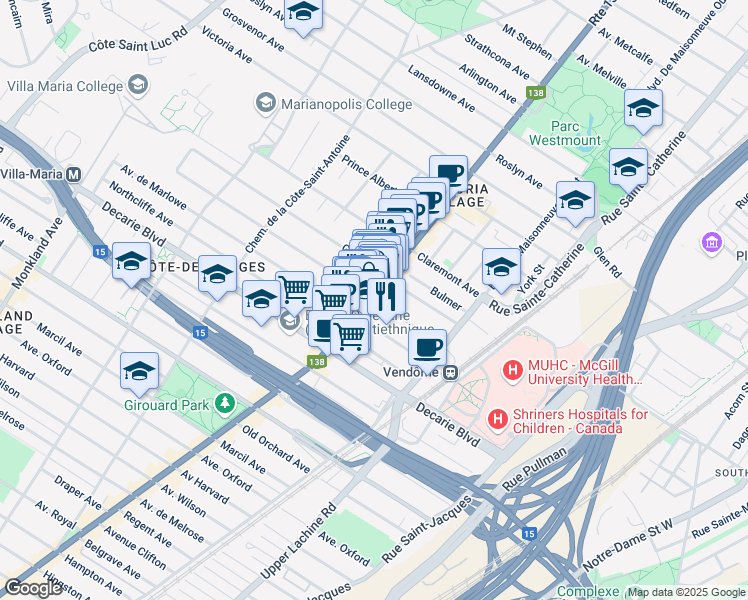 map of restaurants, bars, coffee shops, grocery stores, and more near 2147 Vendome Ave in Montreal