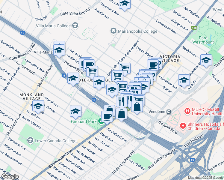 map of restaurants, bars, coffee shops, grocery stores, and more near 3567 Boulevard Décarie in Montréal