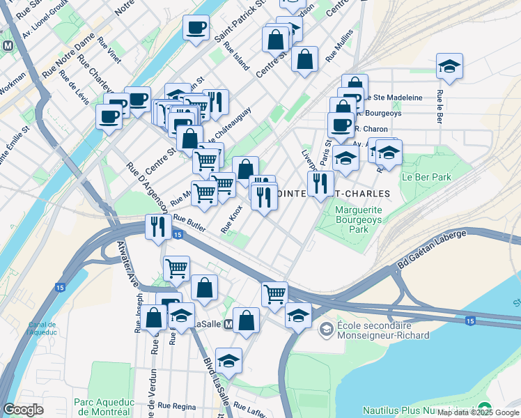 map of restaurants, bars, coffee shops, grocery stores, and more near 821 Rue Charlevoix in Montréal