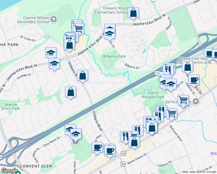map of restaurants, bars, coffee shops, grocery stores, and more near 1078 Taffy Lane in Ottawa