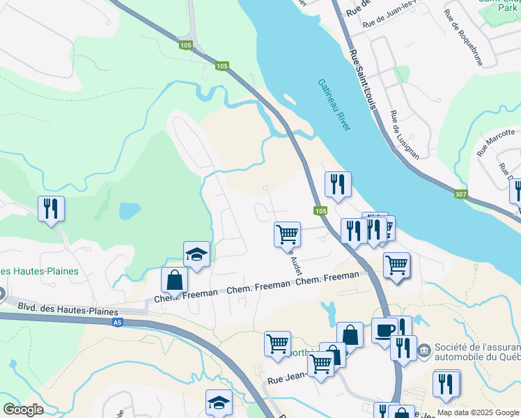 map of restaurants, bars, coffee shops, grocery stores, and more near 65 Rue Audet in Gatineau