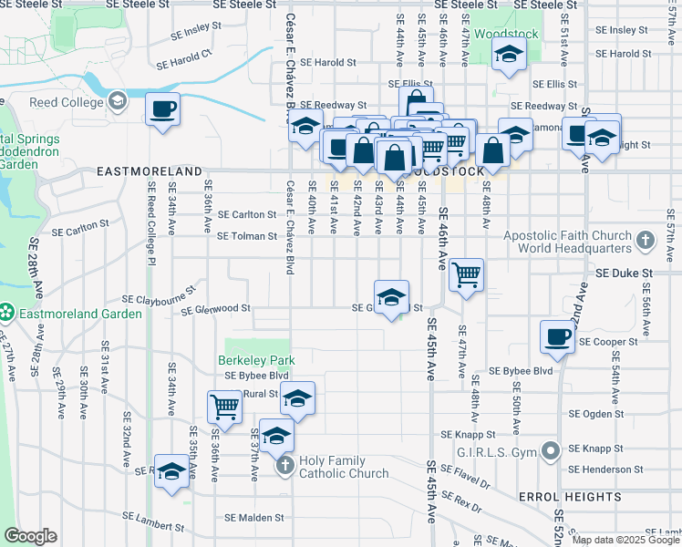 map of restaurants, bars, coffee shops, grocery stores, and more near 6520 Southeast 41st Avenue in Portland