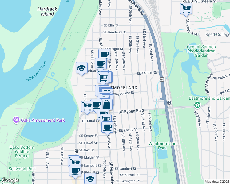 map of restaurants, bars, coffee shops, grocery stores, and more near 1708 Southeast Claybourne Street in Portland
