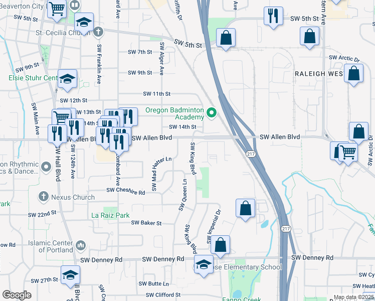 map of restaurants, bars, coffee shops, grocery stores, and more near 6150 Southwest Alice Lane in Beaverton