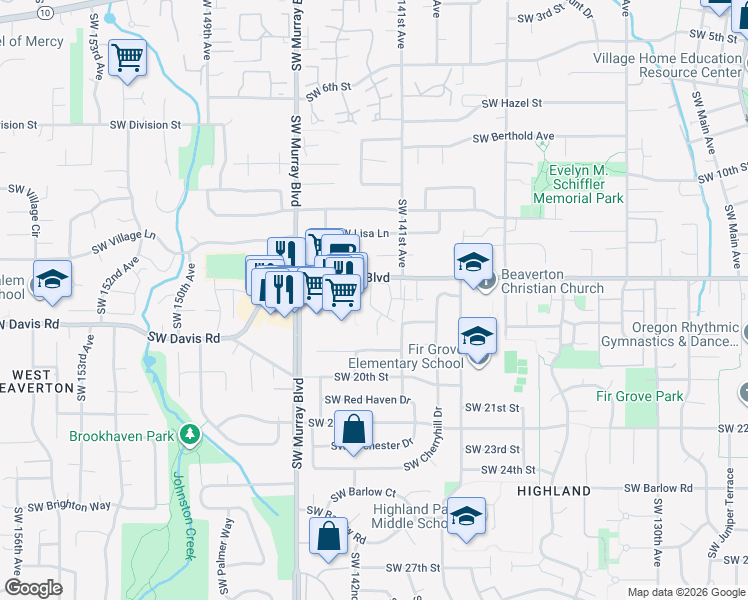 map of restaurants, bars, coffee shops, grocery stores, and more near 14186 Southwest Allen Boulevard in Beaverton