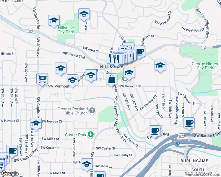 map of restaurants, bars, coffee shops, grocery stores, and more near 1820 South Vermont Street in Portland