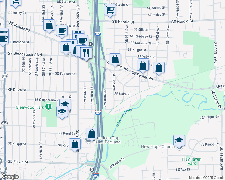 map of restaurants, bars, coffee shops, grocery stores, and more near 6433 Southeast 97th Avenue in Portland