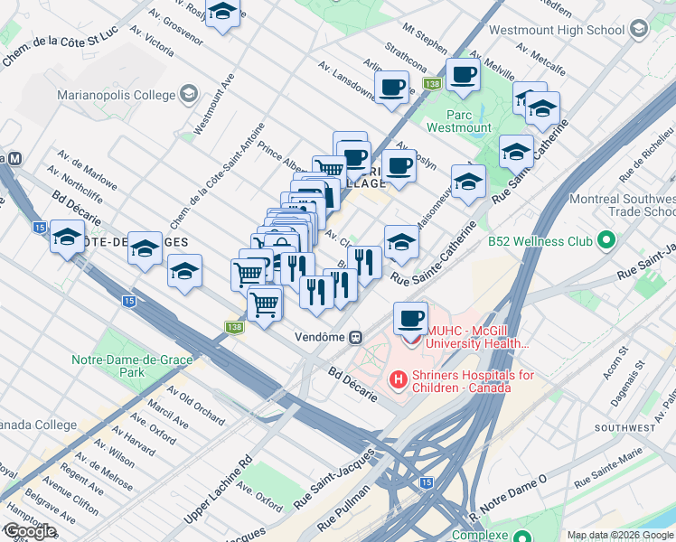 map of restaurants, bars, coffee shops, grocery stores, and more near 2057 Avenue Grey in Montréal
