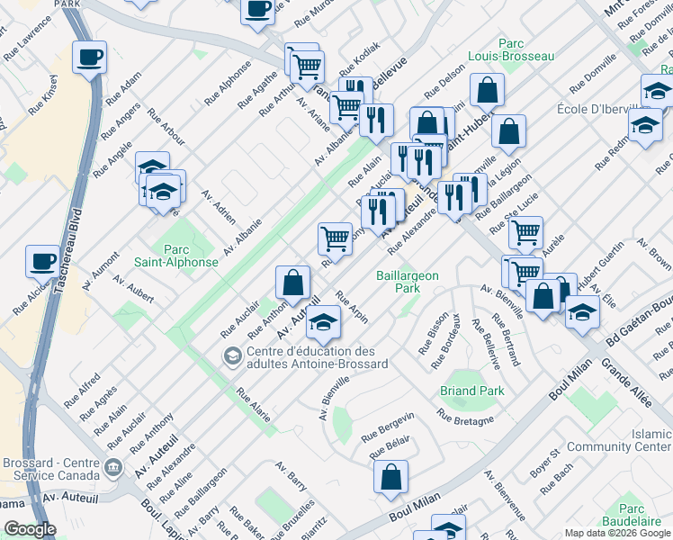 map of restaurants, bars, coffee shops, grocery stores, and more near 5673 Avenue Auteuil in Brossard