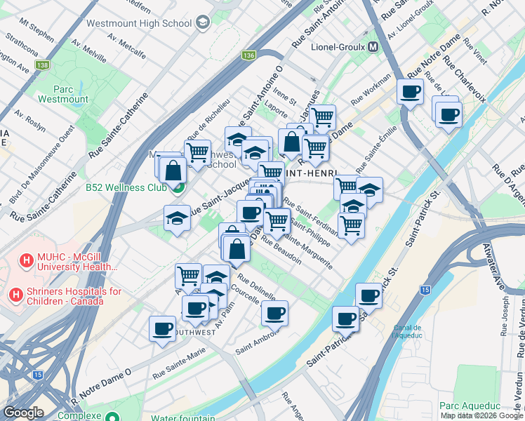 map of restaurants, bars, coffee shops, grocery stores, and more near 506 Rue Saint-Philippe in Montréal