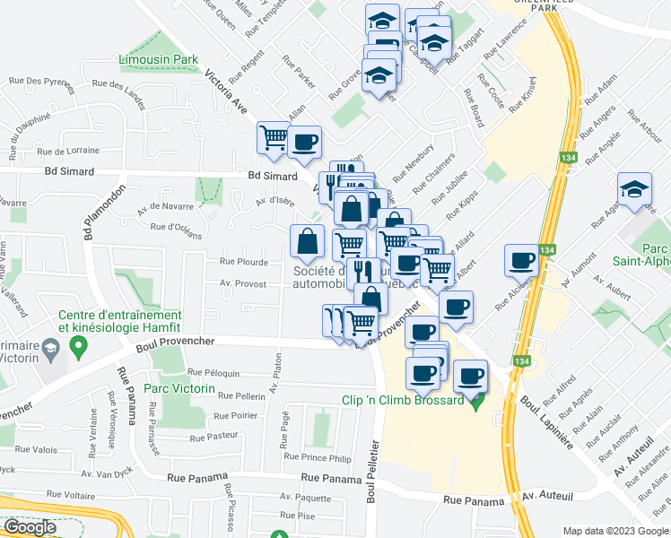 map of restaurants, bars, coffee shops, grocery stores, and more near 9 Place du Commerce in Brossard