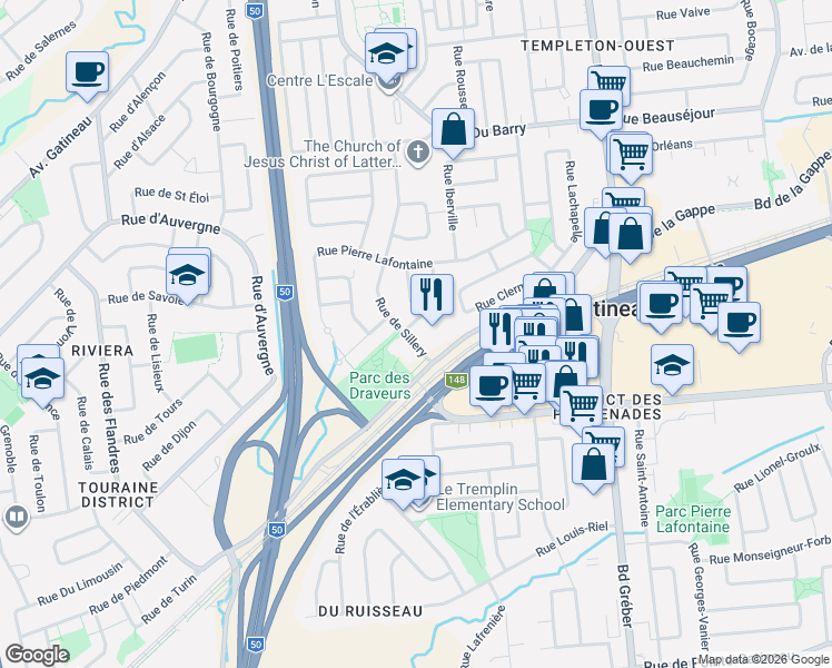 map of restaurants, bars, coffee shops, grocery stores, and more near 30 Rue de Sillery in Gatineau