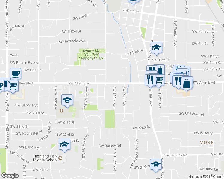 map of restaurants, bars, coffee shops, grocery stores, and more near 6075 Southwest 130th Avenue in Beaverton