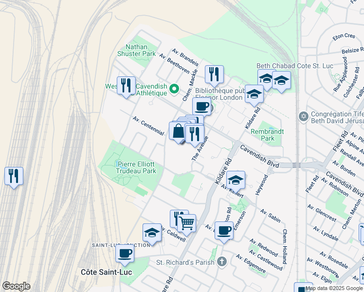 map of restaurants, bars, coffee shops, grocery stores, and more near 5800 Boulevard Cavendish in Côte Saint-Luc
